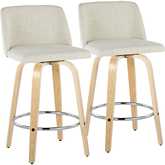 Toriano 26" Swivel Counter Stool in Natural Wood & Cream Fabric with Chrome Footrest (Set of 2)